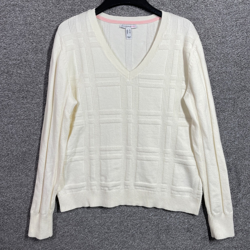 Isaac Mizrahi Live Sweater Medium Womens Cream White V-Neck Textured Grid Knit